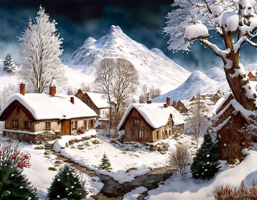 Winter scene: cottages, frosted tree, stream, mountains under cloudy sky