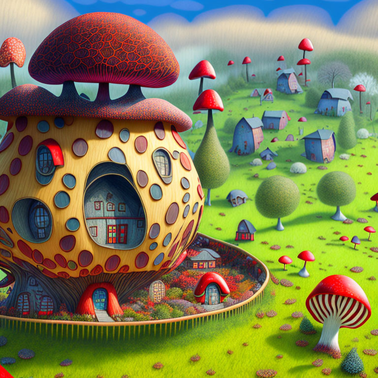 Whimsical landscape with mushroom-shaped houses and green hills