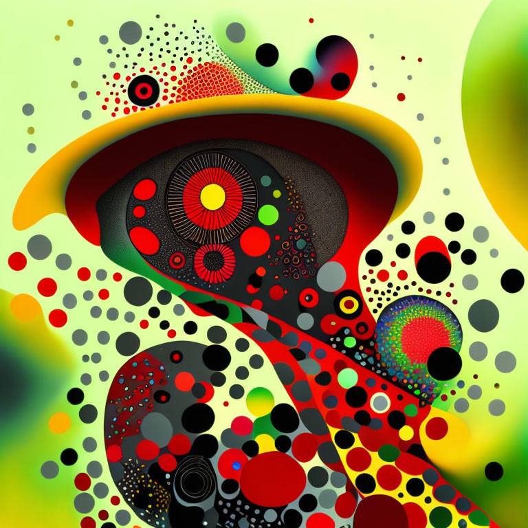 Colorful abstract art with dots and circles in red, yellow, and black on green gradient.