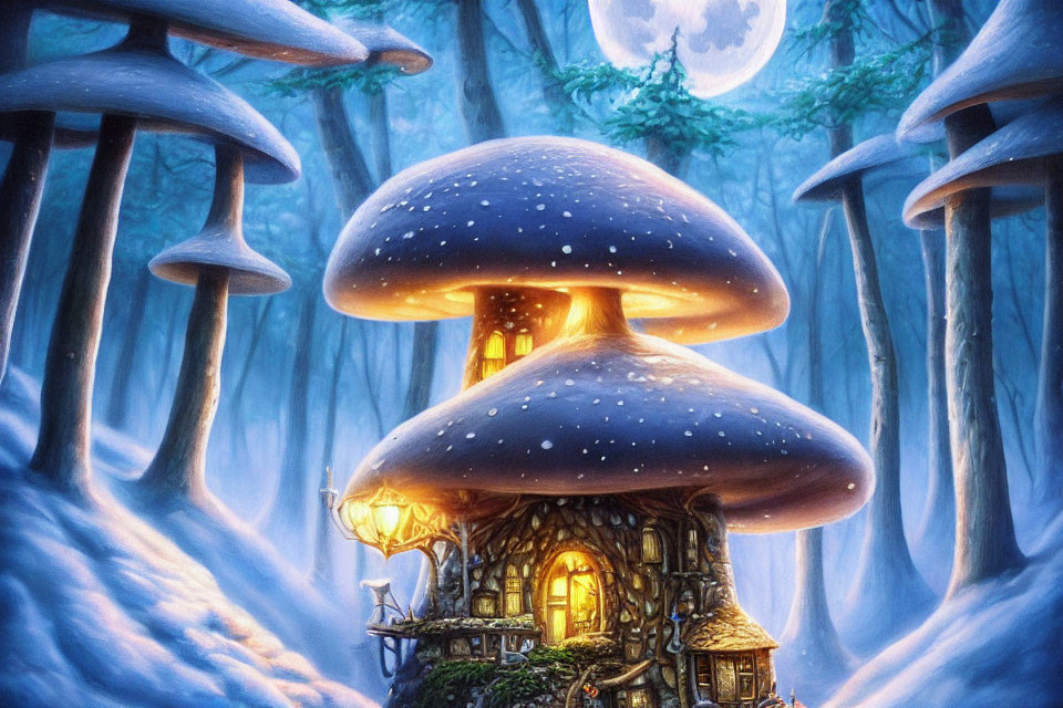 Enchanted Forest with Oversized Mushrooms and Cozy Lit Interiors