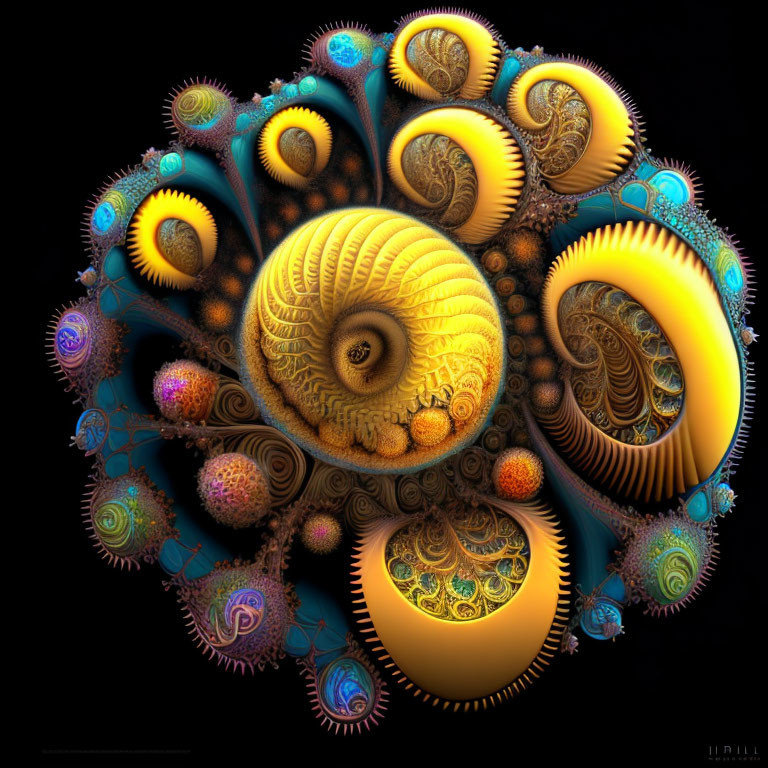 Colorful fractal artwork with spirals and intricate patterns on dark background