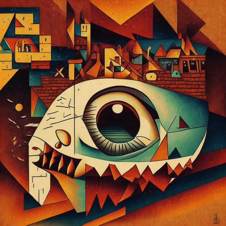 Vibrant Cubist-style abstract painting with eye and geometric shapes