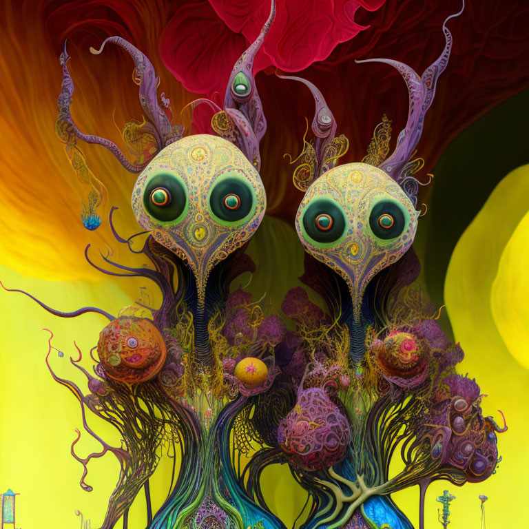 Colorful surreal illustration of alien entities with large eyes and tendrils