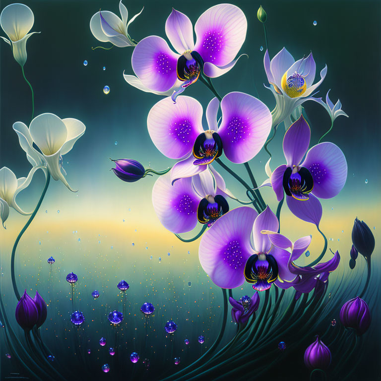 Vibrant purple orchids with glowing centers on dark background