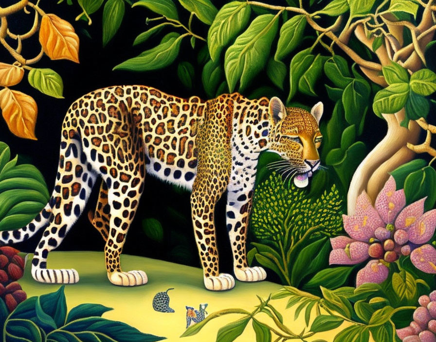 Detailed Leopard Painting Surrounded by Greenery and Flowers