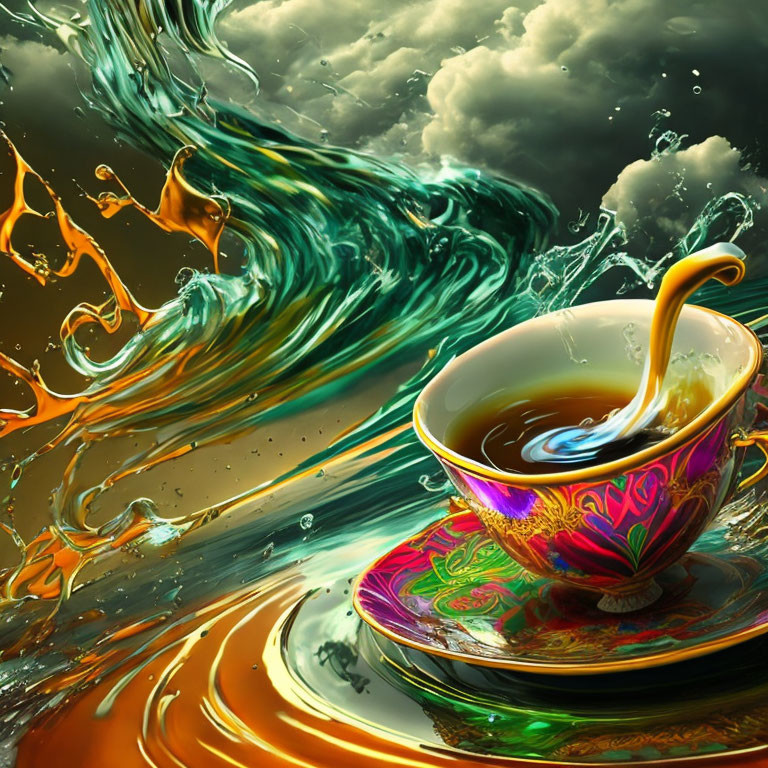 Colorful cup and saucer with tea splash in dynamic digital artwork