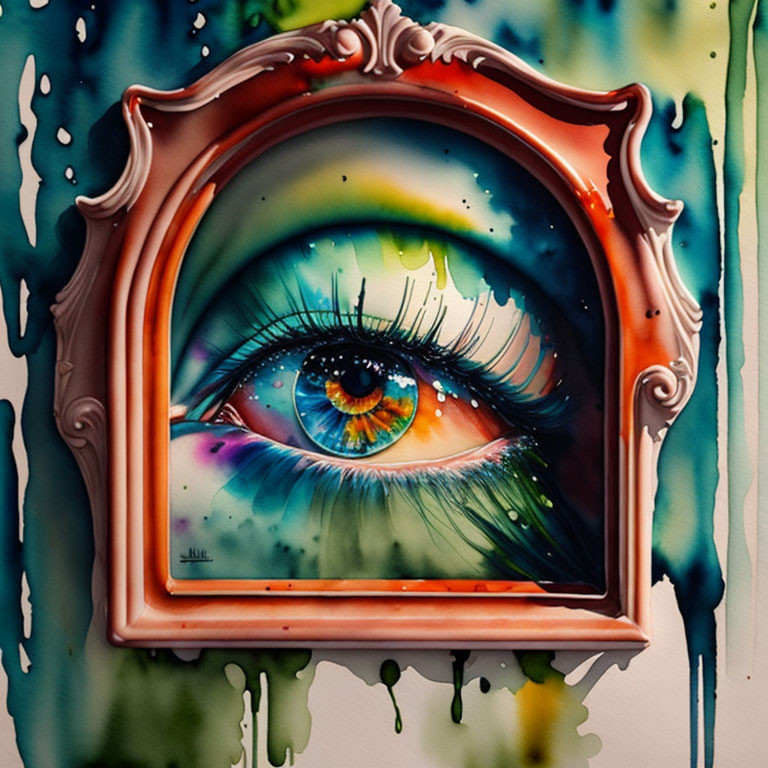 Hyper-realistic eye painting in melting ornate frame with rich colors & dripping paint.