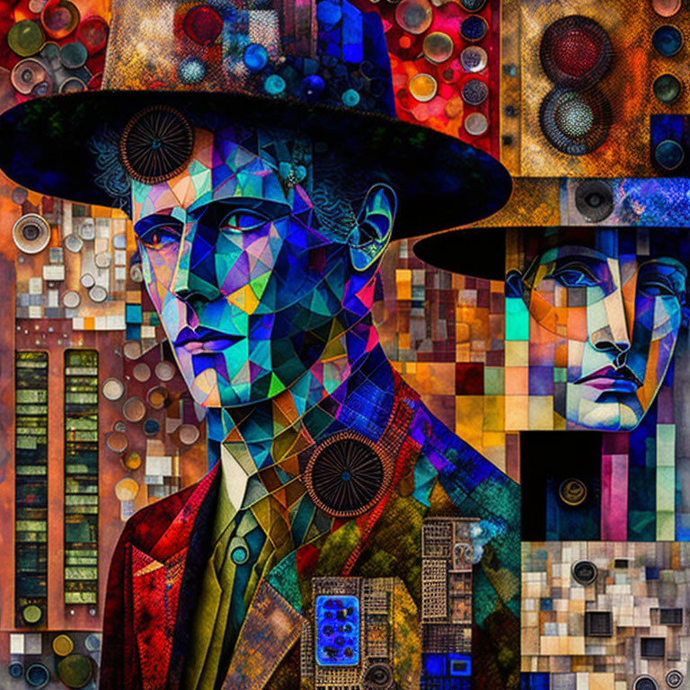 Colorful Geometric Mosaic of Two Faces in Cubist Style