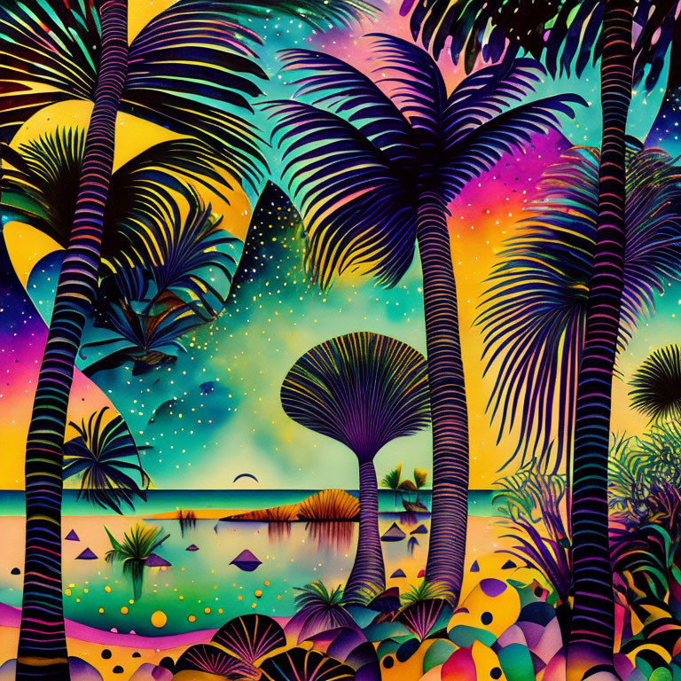 Colorful Tropical Scene with Stylized Palm Trees and Sunset Sky