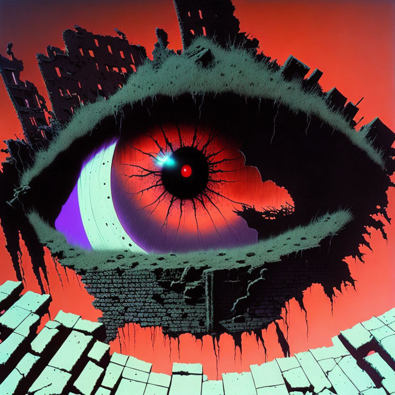 Surreal eye with cityscape iris on red backdrop