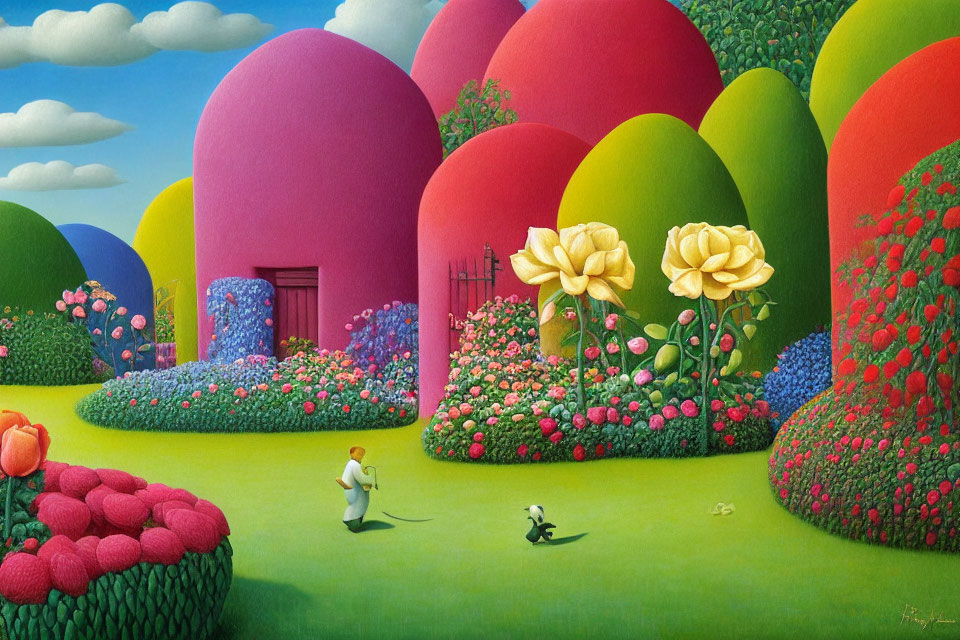 Colorful Landscape with Gardener, Dog, and Whimsical Topiary