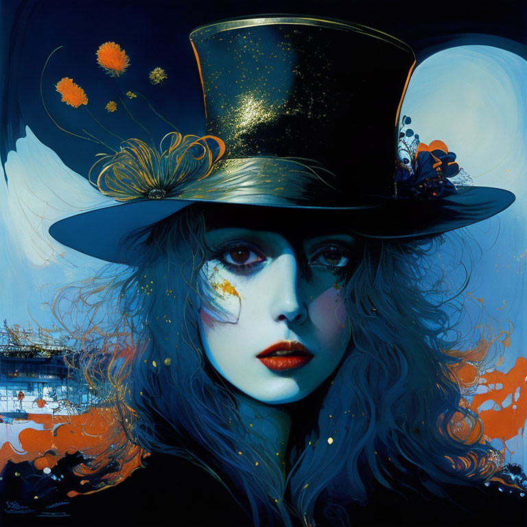 Portrait of person with pale skin, red lips, black top hat with orange flowers, butterfly, gold