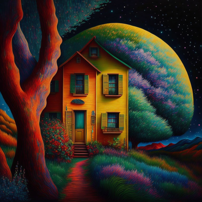 Colorful painting: Yellow house, red door, tree, starry night, large planet.