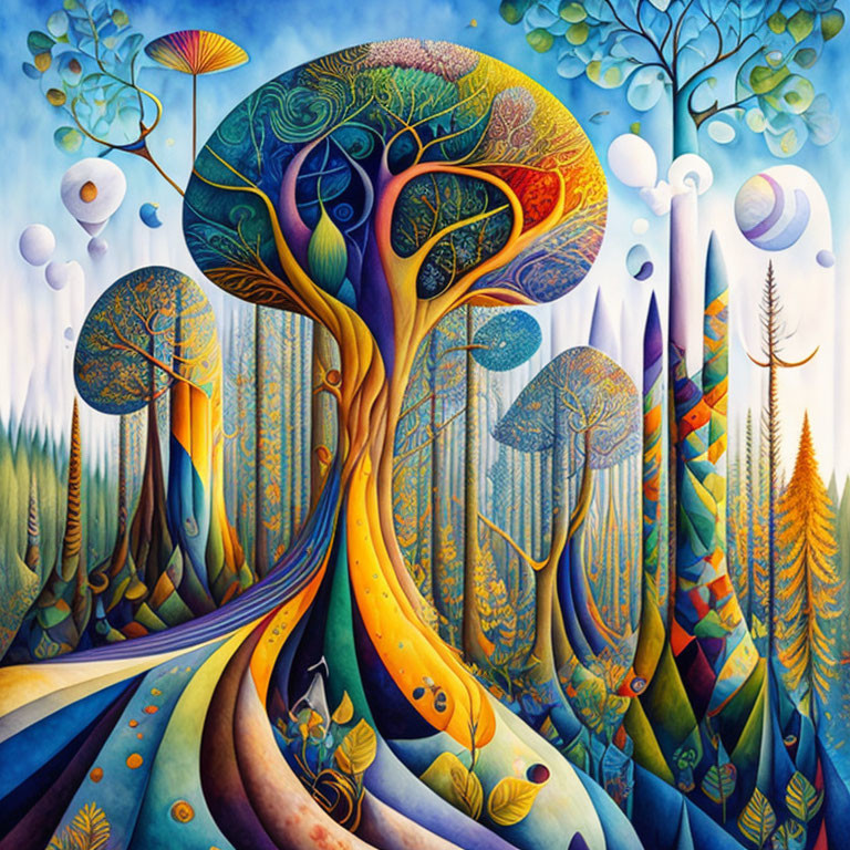 Colorful Surrealist Forest Painting with Morphing Trees and Oversized Mushrooms