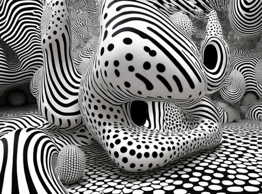 Abstract Monochrome Artwork with Zebra Stripes and Polka Dots