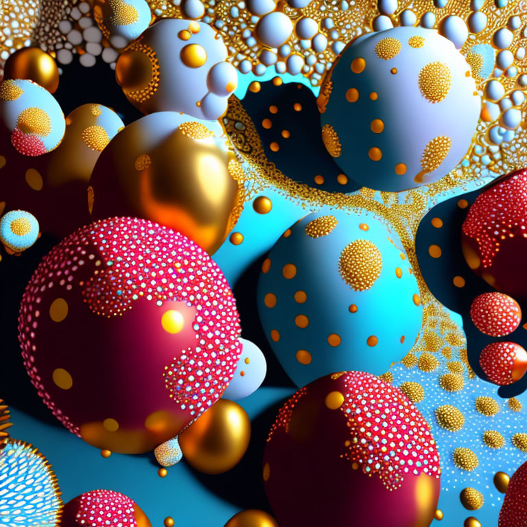 Colorful 3D spheres with intricate patterns on dark metallic background