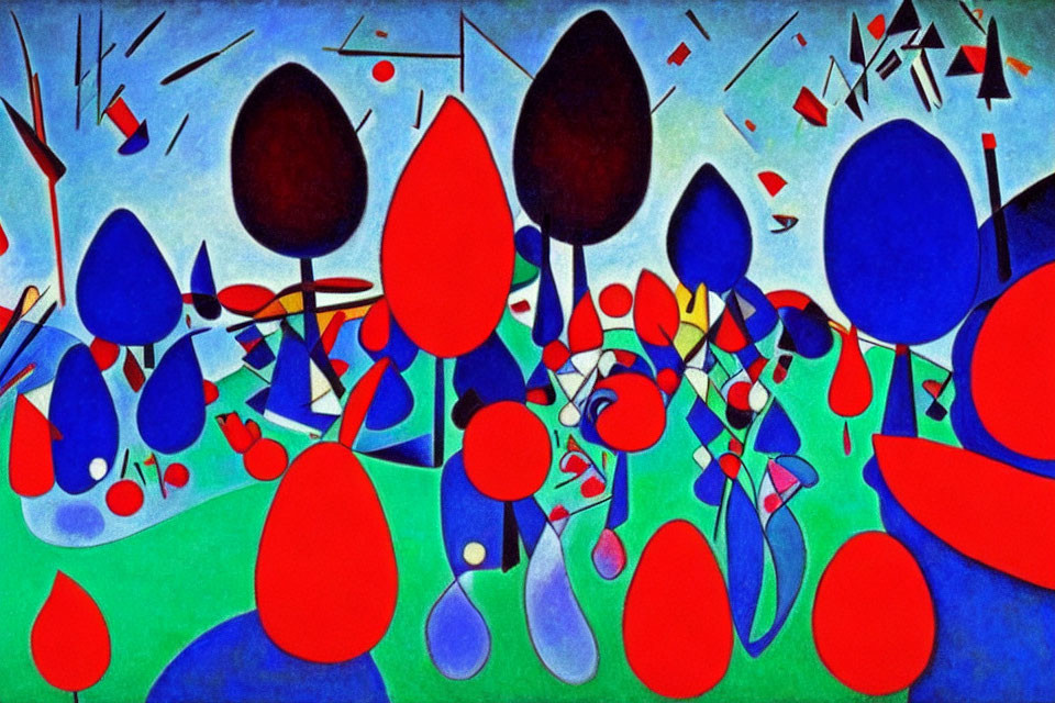 Vibrant abstract painting: geometric forest in red, blue, and green on blue.