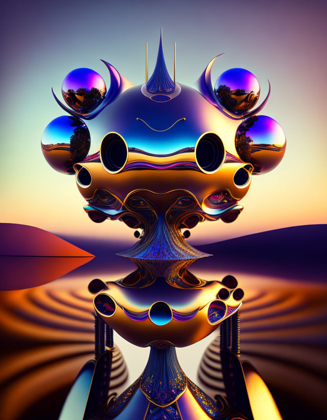 Symmetrical metallic structure with spheres and spikes in surreal alien landscape