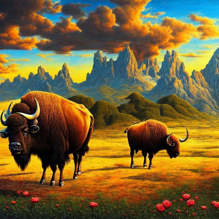 Bison grazing in vibrant landscape with red flowers and mountain backdrop