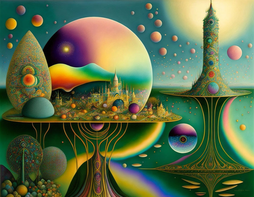 Colorful surreal landscape with floating islands and whimsical towers.