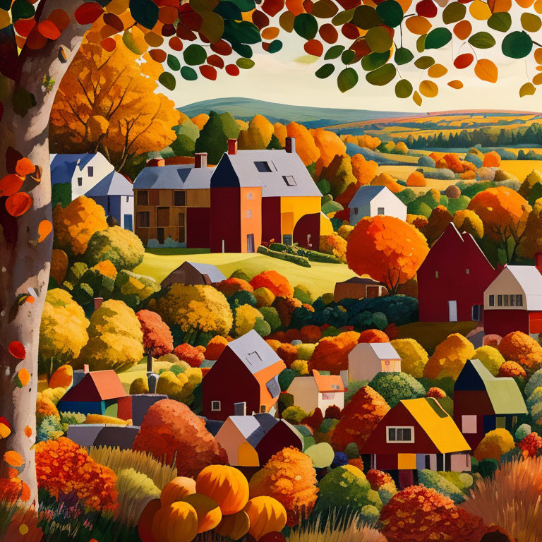 Colorful autumn landscape with houses and rolling hills