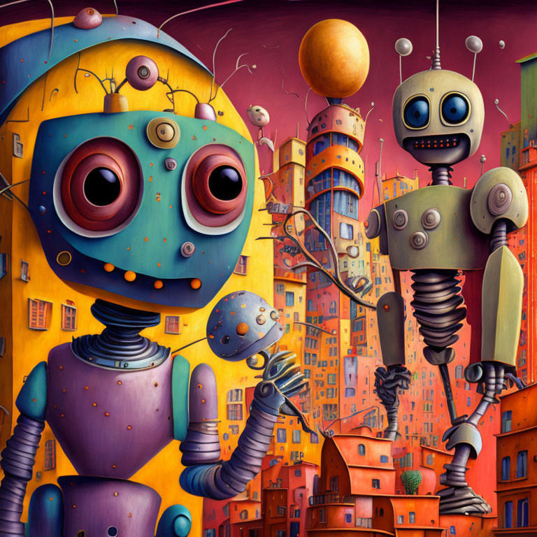 Vibrant cityscape with whimsical robots in colorful artwork