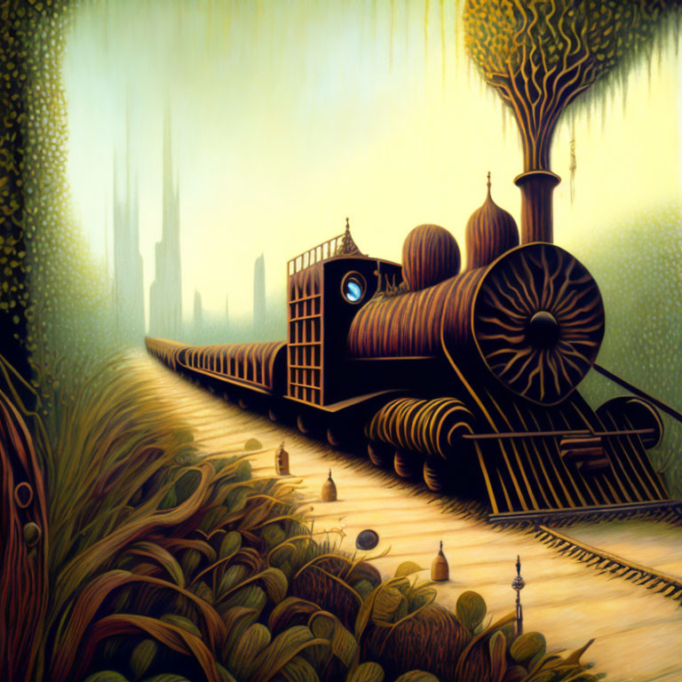 Fantastical train crossing surreal landscape