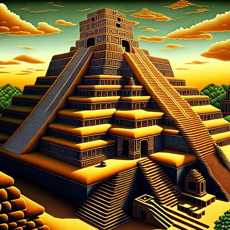 Stylized illustration of ancient Mesoamerican pyramid under orange sky