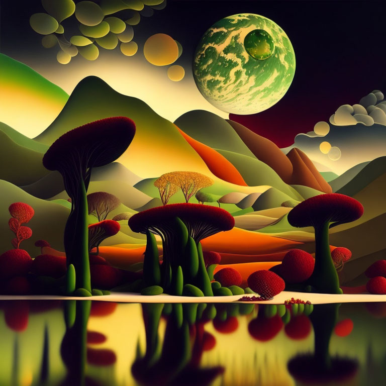 Vibrant surreal landscape with oversized mushrooms, rolling hills, and green moon reflected in water