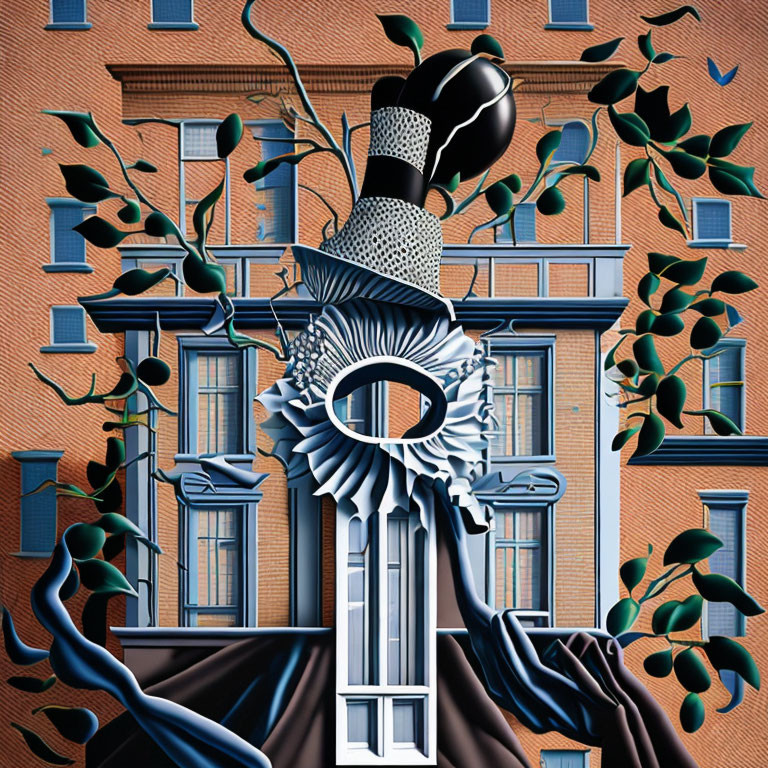 Abstract surreal illustration of building with keyhole shape, flowing scarf, abstract patterns, and green leaves.