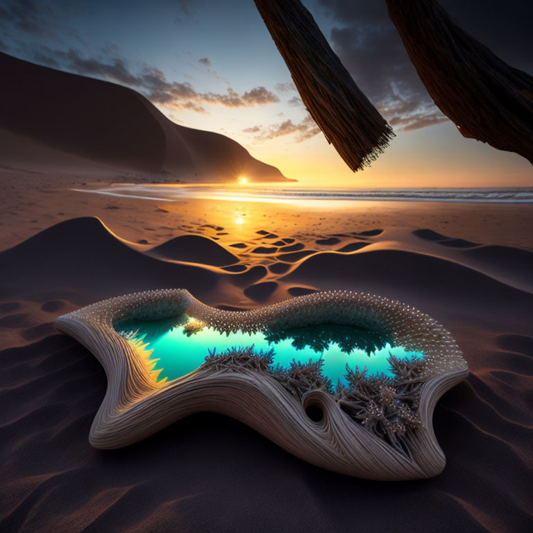 Surreal beach scene: shell-shaped pool, sunset sky reflection, sand dunes, dangling fr