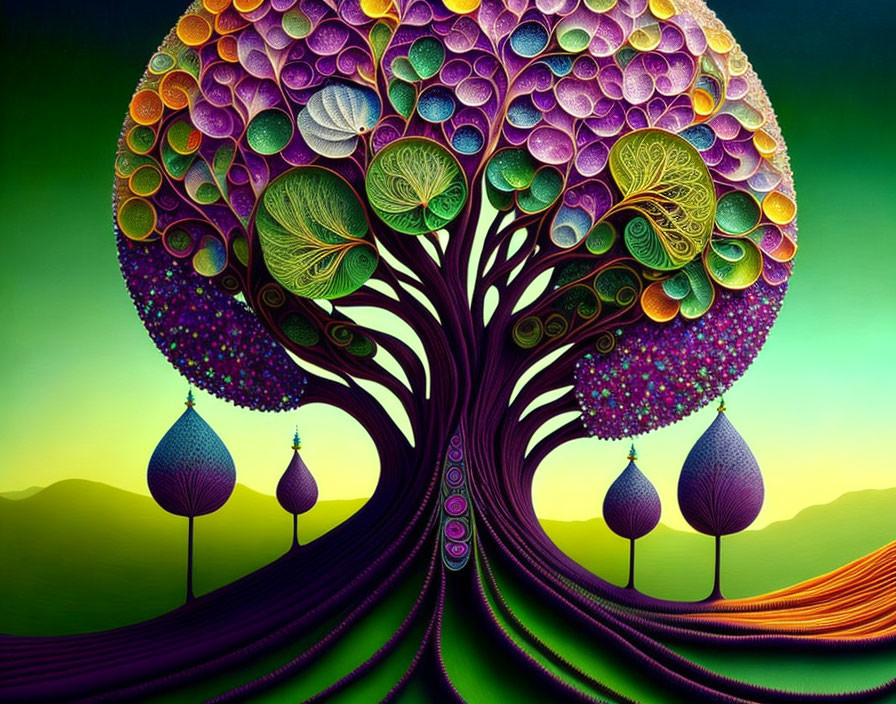 Colorful Tree Painting with Swirling Branches and Patterned Leaves