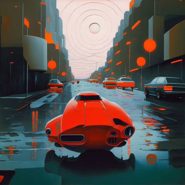 Red futuristic car in cityscape with tall buildings and circular sky pattern