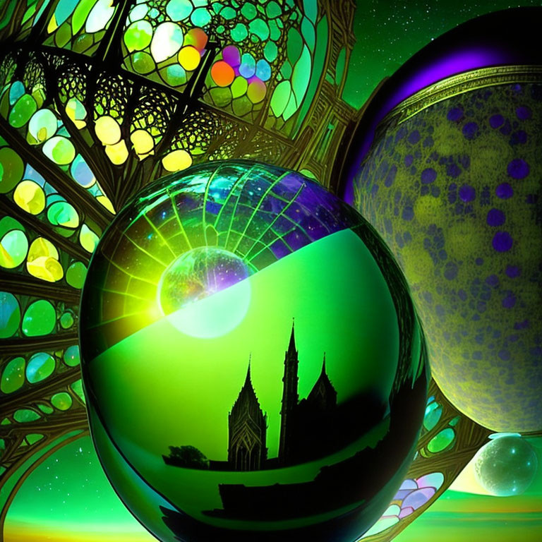 Colorful digital art with reflective spheres, church silhouette, and gothic window backdrop.