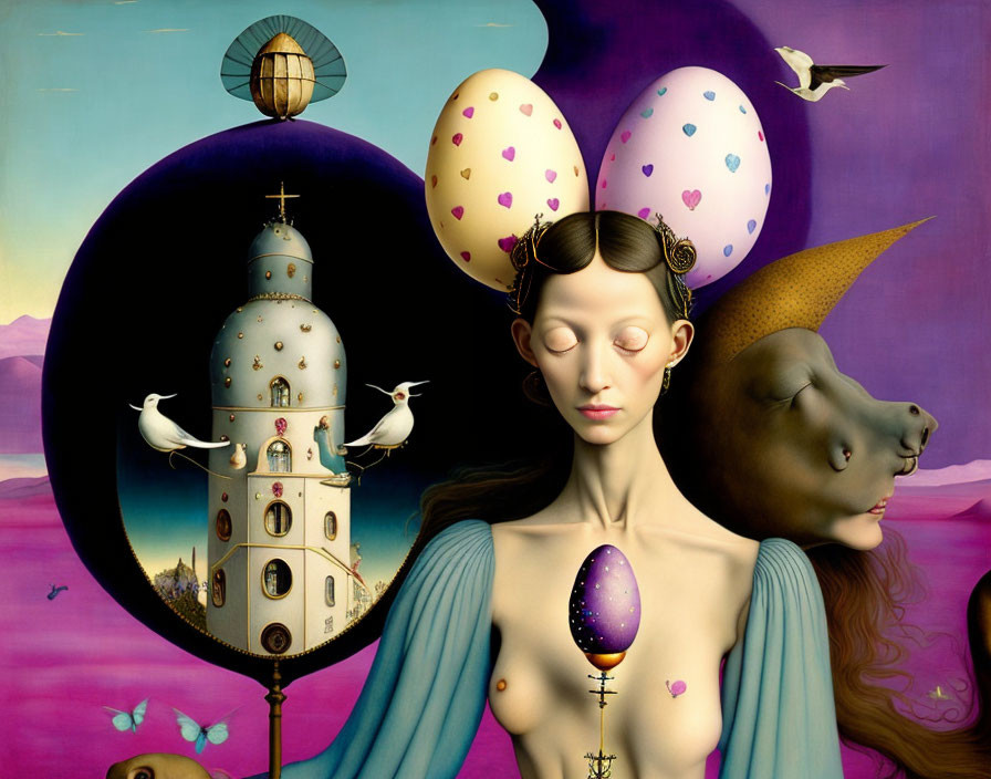 Surreal painting: woman with closed eyes, horse head, tower, floating eggs