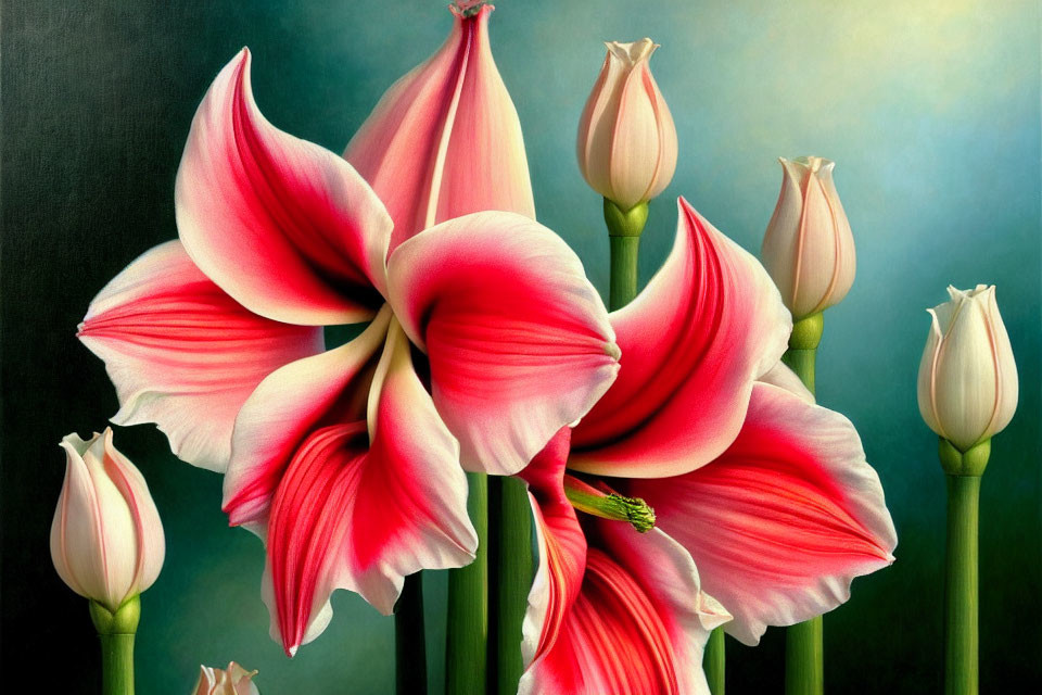 Blooming pink and white striped amaryllis flowers on dark backdrop