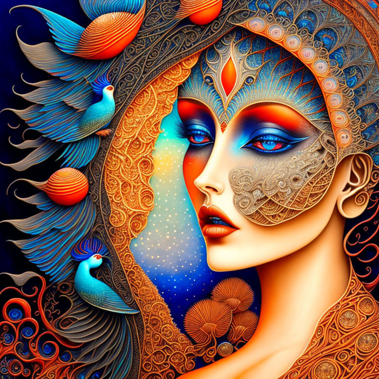 Colorful depiction of a woman's face with celestial elements and intricate patterns