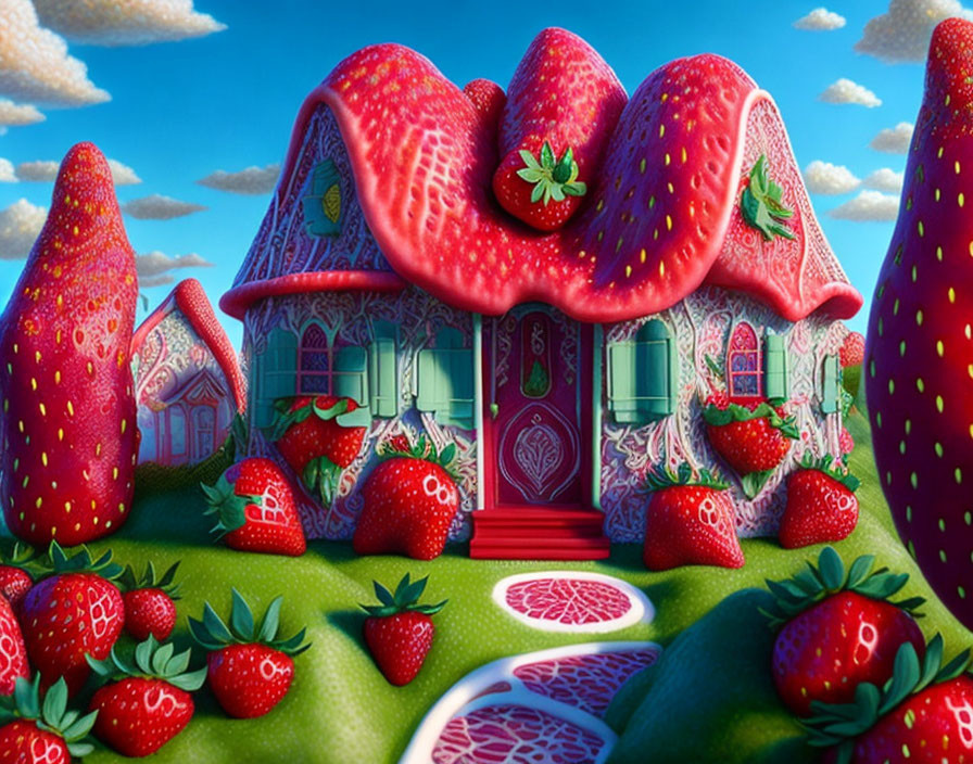 Strawberry-shaped house in a strawberry field under a blue sky