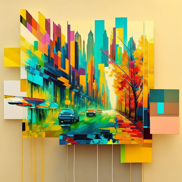 Colorful Abstract Cityscape Painting with Geometric Shapes and Autumn Trees