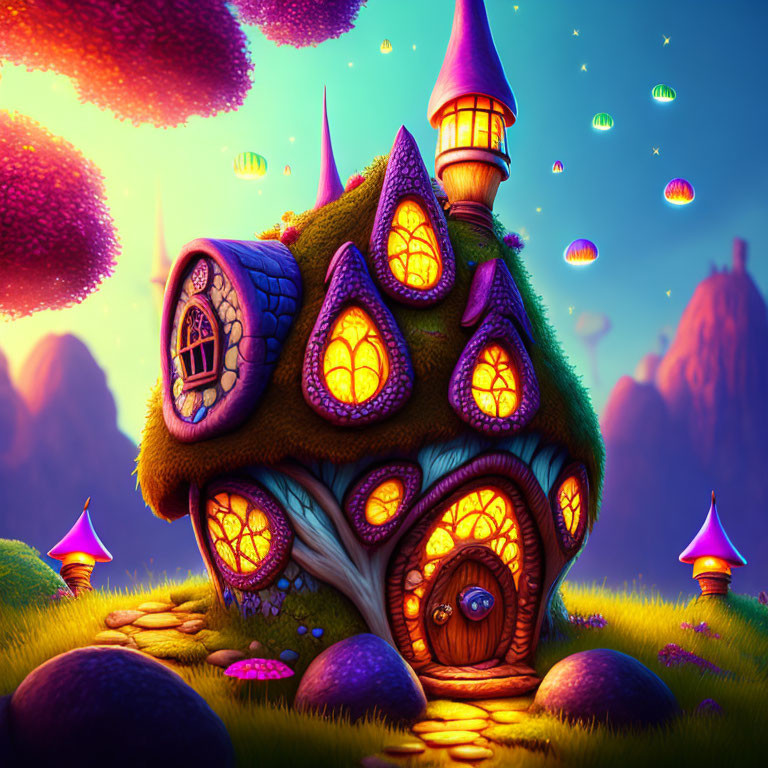 Enchanting fairy-tale cottage among vibrant mushrooms under magical sky