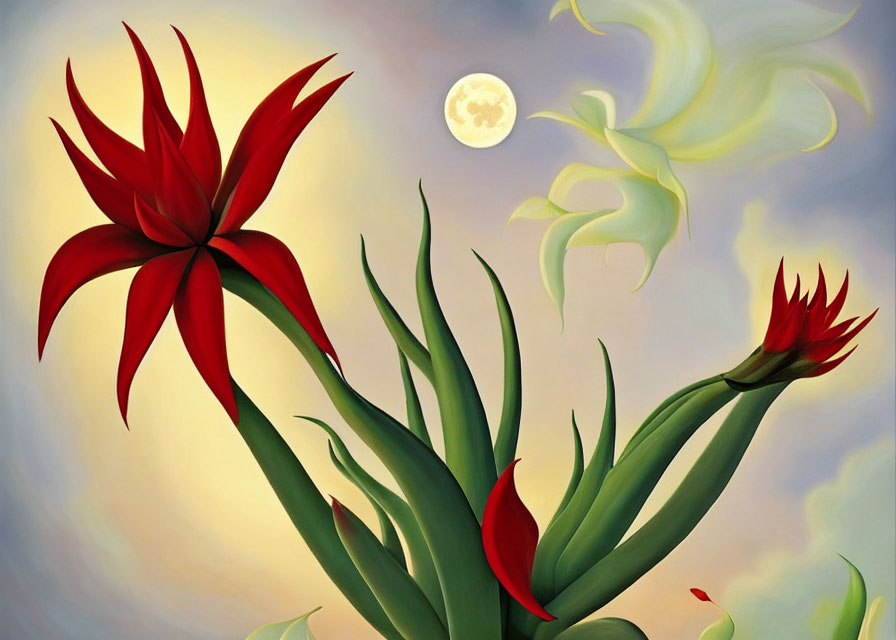 Vibrant red flowers and pale moon in surreal painting