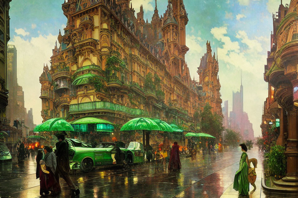 Futuristic city street in the rain with vintage cars and umbrellas