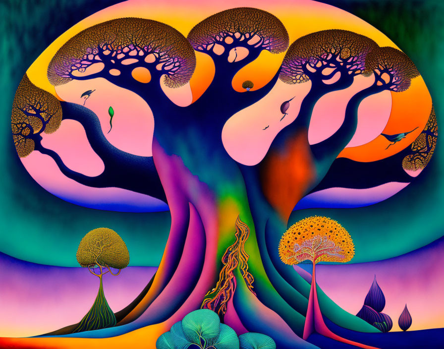 Colorful Psychedelic Tree Illustration with Human-like Features