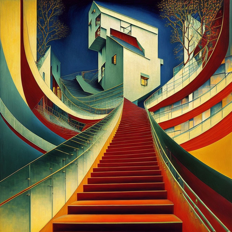 Surreal artwork: staircase to colorful house under dreamy sky