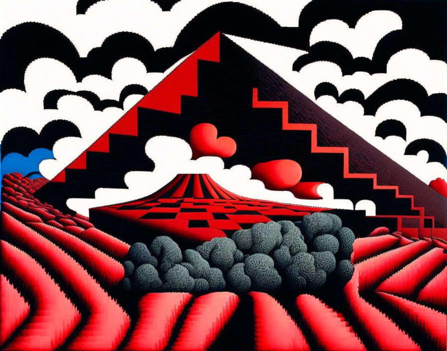 Geometric Art: Red Pyramid, Black & White Patterns, Blue Accents & Heart Shapes