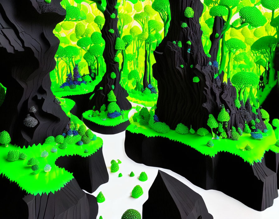 Neon green foliage on black tree trunks in surreal forest