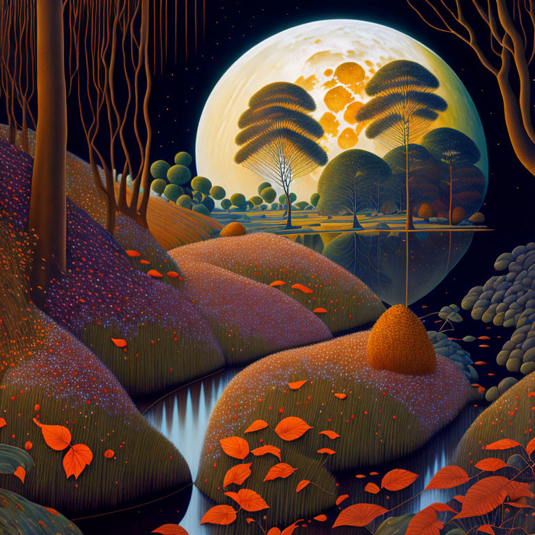 Surreal landscape with stylized trees, moon, hills, waterfalls, and red leaves