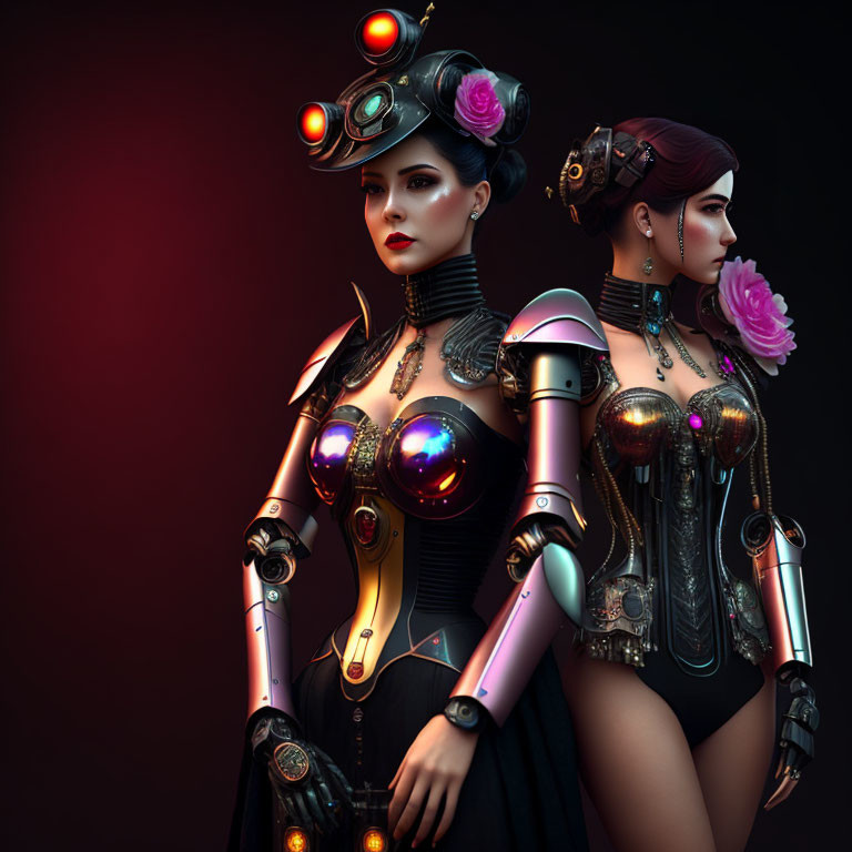 Steampunk-inspired female androids with mechanical limbs in elaborate attire