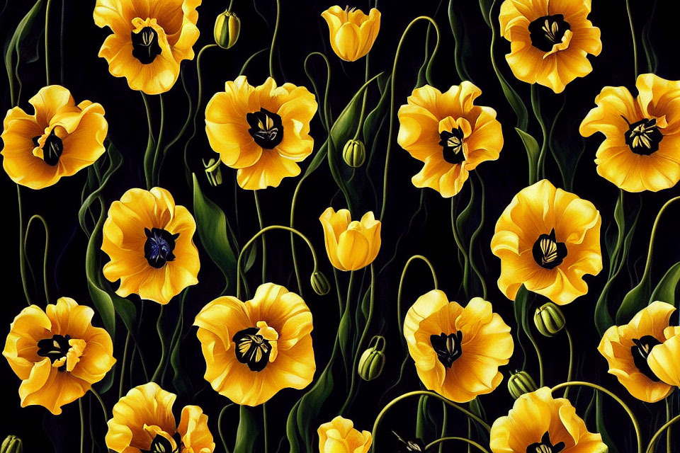 Yellow and Black Tulip Pattern on Dark Background