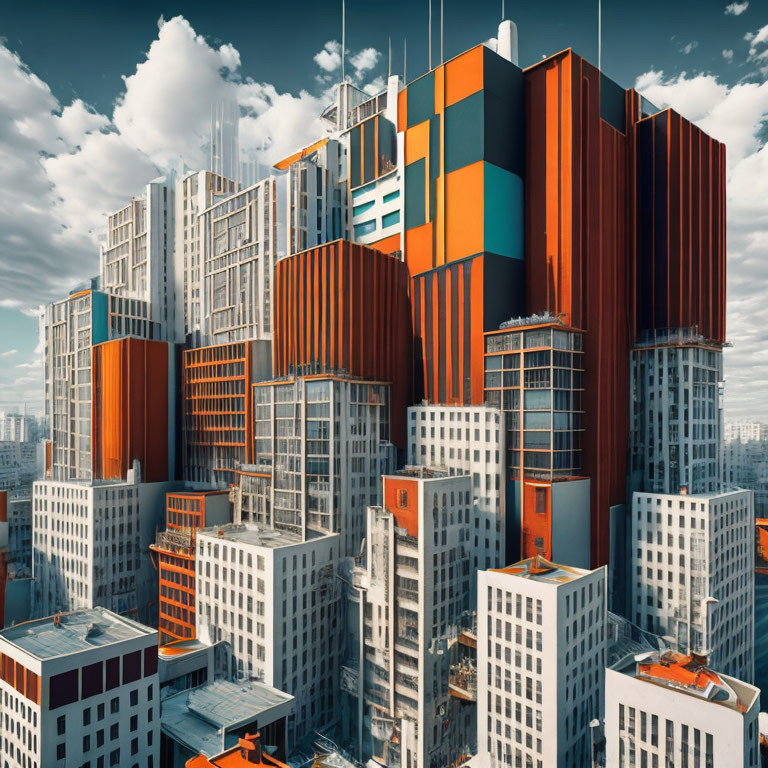 Colorful Futuristic Cityscape with Modular Buildings and Blue Skies